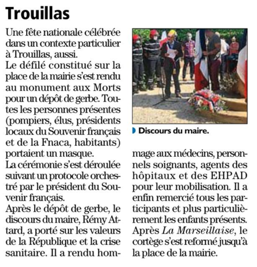 Indépendant du 19/07/2020 - Cérémonie le 14 juillet au Monument Aux Morts